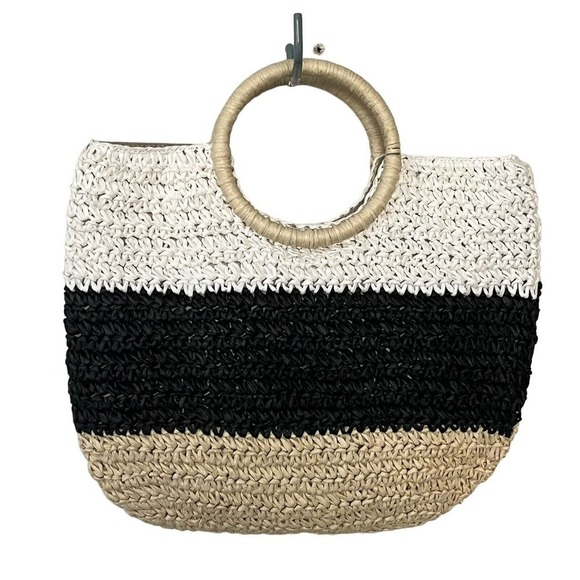 Talbots Hand Crochet Straw Circle Handle Tote Bag Colorblock Brown Cream Tan NEW - Picture 7 of 9
